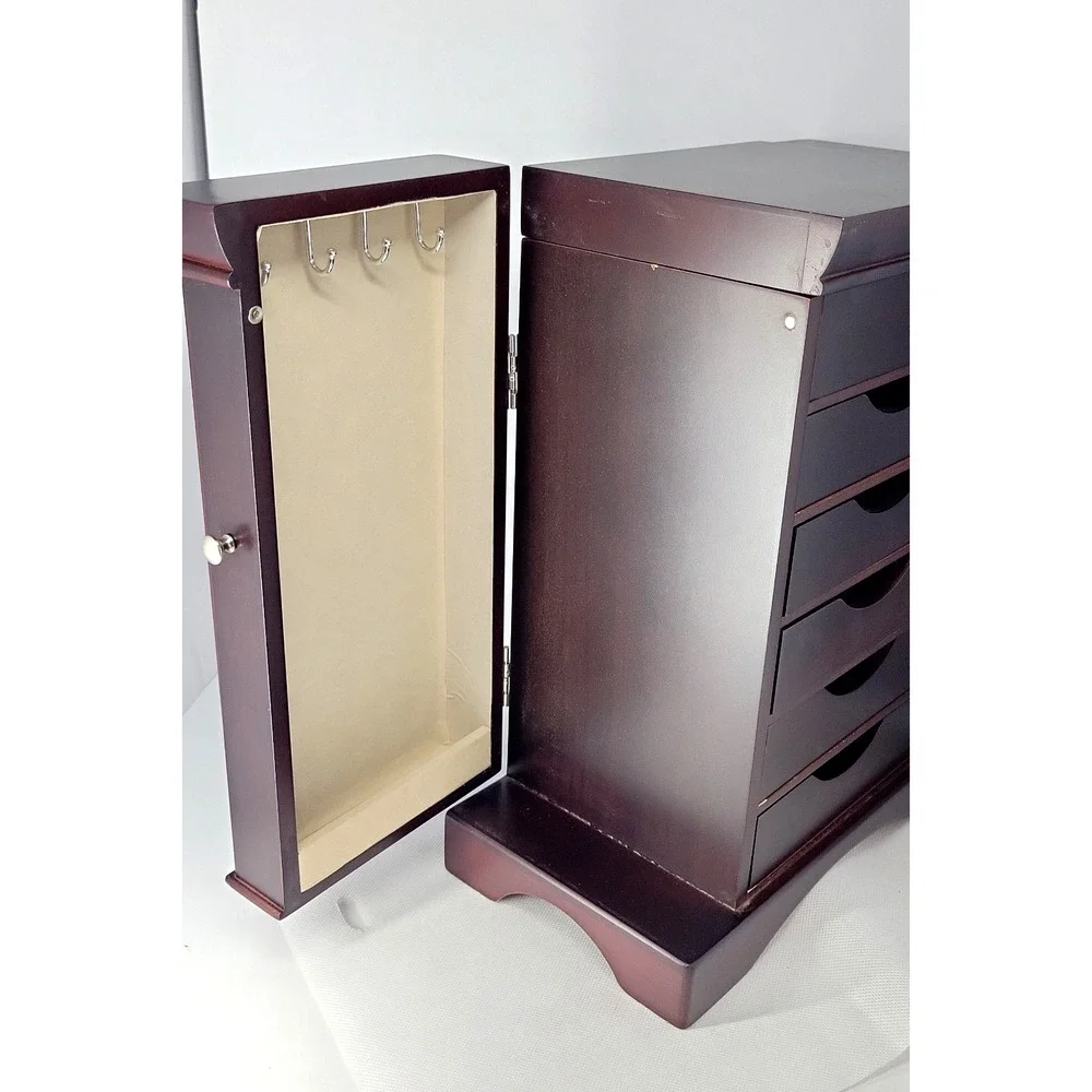 Large Wood Jewelry Box Armoire Mirror 5 Drawers Side Doors Necklace Storage
